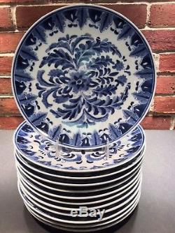 12 Large Chinese Porcelain Dinner Plates Cobalt Blue & White Hand Painted China