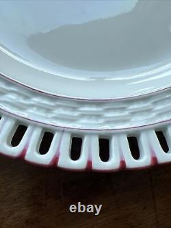 12 Luneville France Dinner Plates Reticulated Pink Basket Weave Rims 9-1/2