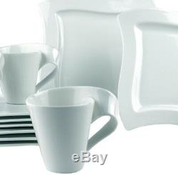 12-Pcs Modern Wavy Square White Porcelain Dinnerware Set For 4 Chip Resistant