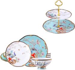 12-Piece Bone China Dinnerware Set with Vintage Floral Tea Stand