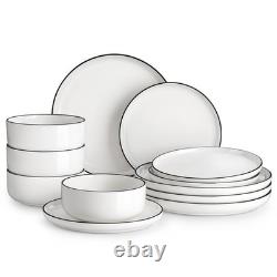 12-Piece Modern Porcelain Dinnerware Set for 4 White Plates & Bowls, Black Rim