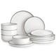 12-Piece Modern Porcelain Dinnerware Set for 4, White Plates & Bowls, Black Rim