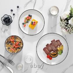 12-Piece Modern Porcelain Dinnerware Set for 4 White Plates & Bowls, Black Rim