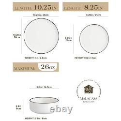12-Piece Modern Porcelain Dinnerware Set for 4, White Plates & Bowls, Black Rim