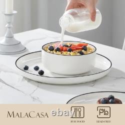 12-Piece Modern Porcelain Dinnerware Set for 4 White Plates & Bowls, Black Rim