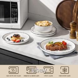 12-Piece Modern Porcelain Dinnerware Set for 4 White Plates & Bowls, Black Rim