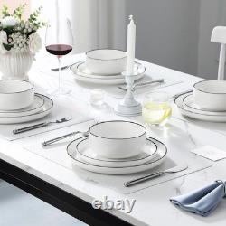 12-Piece Modern Porcelain Dinnerware Set for 4, White Plates & Bowls, Black Rim