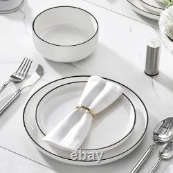 12-Piece Modern Porcelain Dinnerware Set for 4, White Plates & Bowls, Black Rim
