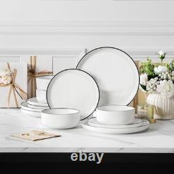 12-Piece Modern Porcelain Dinnerware Set for 4, White Plates & Bowls, Black Rim
