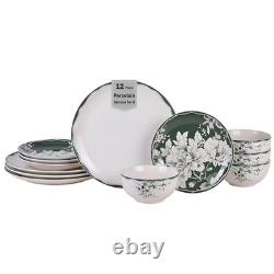 12-Piece Porcelain Dinnerware Set for 4, White & Sage Green Plates and Bowls