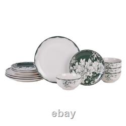 12-Piece Porcelain Dinnerware Set for 4, White & Sage Green Plates and Bowls