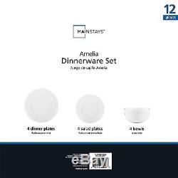 12 Piece Round Dinnerware Set White Dishes Plates Bowls Stoneware Dinner Kitchen