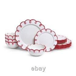 12-Piece Stoneware Dinnerware Set for 4 Glossy White Plates & Bowls, Red Rims