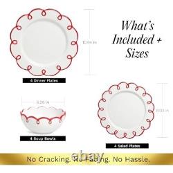 12-Piece Stoneware Dinnerware Set for 4 Glossy White Plates & Bowls, Red Rims