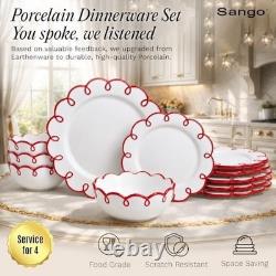12-Piece Stoneware Dinnerware Set for 4 Glossy White Plates & Bowls, Red Rims