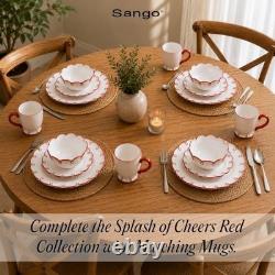12-Piece Stoneware Dinnerware Set for 4 Glossy White Plates & Bowls, Red Rims