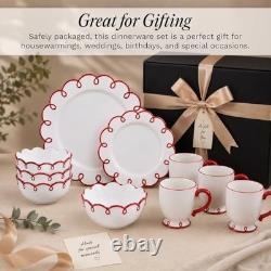 12-Piece Stoneware Dinnerware Set for 4 Glossy White Plates & Bowls, Red Rims