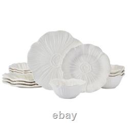 12 Piece White Stoneware Embossed Floral Dinnerware Set for 4