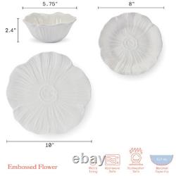 12 Piece White Stoneware Embossed Floral Dinnerware Set for 4