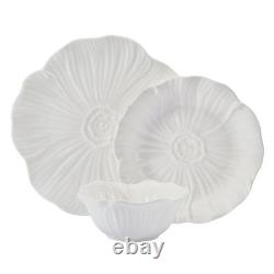 12 Piece White Stoneware Embossed Floral Dinnerware Set for 4