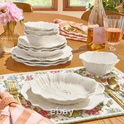 12 Piece White Stoneware Embossed Floral Dinnerware Set for 4