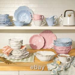 12 Piece White Stoneware Embossed Floral Dinnerware Set for 4