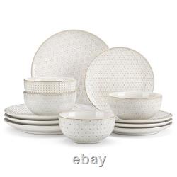 12 Pieces Dinnerware Sets, Modern Relief Design Plates and Bowls Sets, White