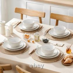 12 Pieces Dinnerware Sets, Modern Relief Design Plates and Bowls Sets, White