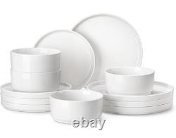 12 Pieces Porcelain Dinnerware Set, Modern White Dish Set for 4, Premium Serv