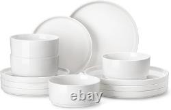 12 Pieces Porcelain Dinnerware Set, Modern White Dish Set for 4, Serving Pla