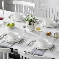 12 Pieces Porcelain Dinnerware Set, Modern White Dish Set for 4, Serving Pla
