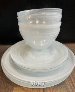 12 White Swirl IRIDESCENT 4 Dinner Plates Lunch Deep Bowls OPAL Artistic Accents