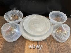 12 White Swirl IRIDESCENT 4 Dinner Plates Lunch Deep Bowls OPAL Artistic Accents