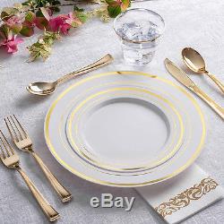 125 Piece Disposable Plastic Plates Dinner Wedding Parties Gold Rim Dinnerware