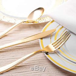 125 Piece Disposable Plastic Plates Dinner Wedding Parties Gold Rim Dinnerware