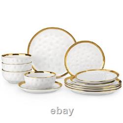 12pc Ceramic Porcelain White Golden Rim Dinnerware Set With Dinner Plate/Dessert