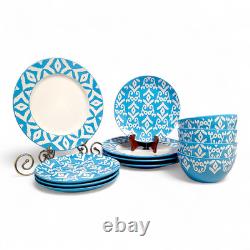 12pc Tabletops Gallery Teal & White IKAT Stoneware Dinnerware Set Service For 4