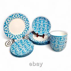 12pc Tabletops Gallery Teal & White IKAT Stoneware Dinnerware Set Service For 4