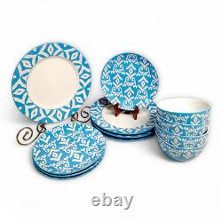 12pc Tabletops Gallery Teal & White IKAT Stoneware Dinnerware Set Service For 4