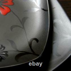 16 PC Black Red Floral Dinnerware Set Square Dishes Plate Bowl Mug Salad Serve 4