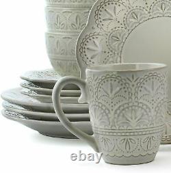 16 PC Dinnerware Set Ivory Lotus Vintage Classic Plates Bowls Mugs Dishes Round