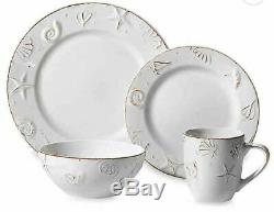 16 PC Stoneware DINNERWARE SET Service for 4 Plates Bowls Mugs Beachy Pattern