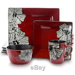 16 PCS Stoneware Square Floral Dinnerware Dish set Red with White Flower Accents