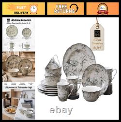 16-Piece Antique White Porcelain Dinnerware Set for 4 Romantic Bird & Floral D