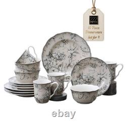 16-Piece Antique White Porcelain Dinnerware Set for 4 Romantic Bird & Floral D