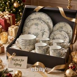 16-Piece Antique White Porcelain Dinnerware Set for 4 Romantic Bird & Floral D