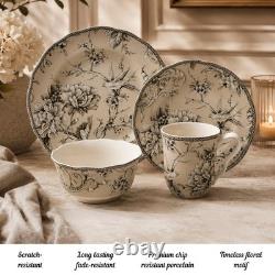 16-Piece Antique White Porcelain Dinnerware Set for 4 Romantic Bird & Floral D