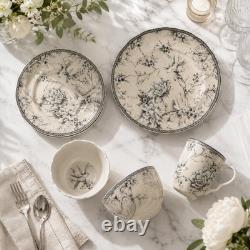 16-Piece Antique White Porcelain Dinnerware Set for 4 Romantic Bird & Floral D