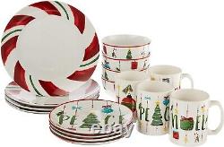 16 Piece Dinnerware Set For 4 Christmas Plates Dishes Salad Bowls Mugs Stoneware