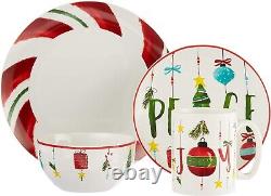 16 Piece Dinnerware Set For 4 Christmas Plates Dishes Salad Bowls Mugs Stoneware